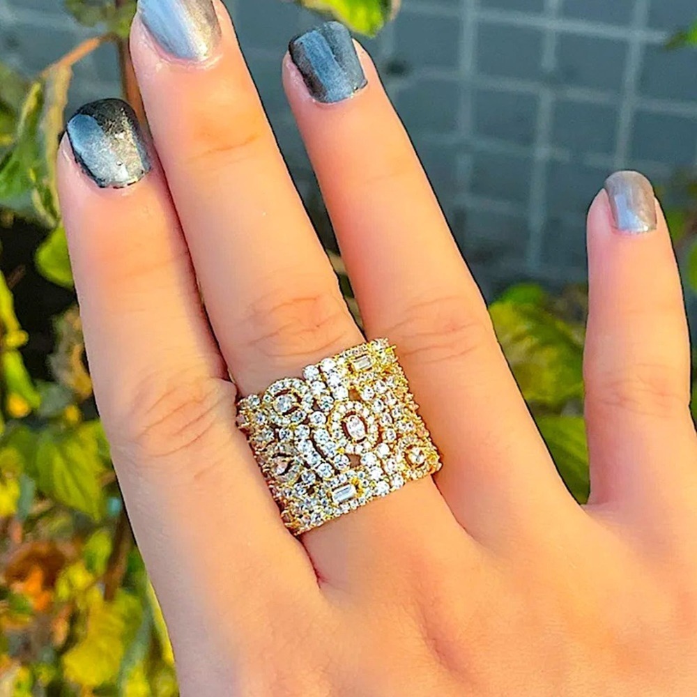 White Gold Plated Zircon Ring, Adjustable, Wide Band, Statement Jewelry